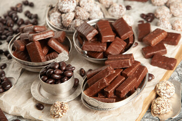 New Year's Eve table full of chocolates for children. Chocolate candy isolated 