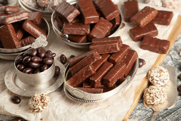 Assortment of delicious chocolate candies background. Chocolate candy isolated 