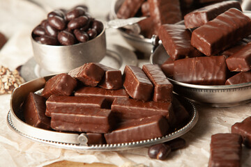 Assortment of delicious chocolate candies background. Chocolate candy isolated 