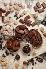 New Year's Eve table full of chocolates for children. Chocolate candy isolated 