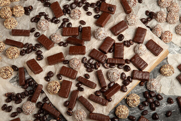 Assortment of delicious chocolate candies background. Chocolate candy isolated 