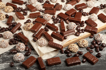 Assortment of delicious chocolate candies background. Chocolate candy isolated 