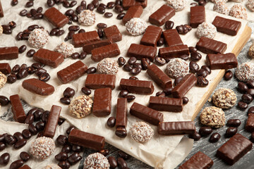 Assortment of delicious chocolate candies background. Chocolate candy isolated 