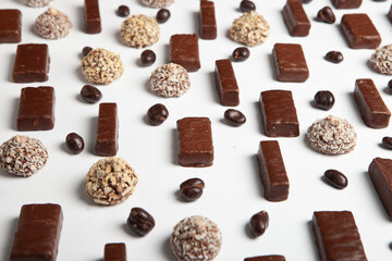 Assortment of delicious chocolate candies background. Chocolate candy isolated 