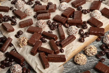 Assortment of delicious chocolate candies background. Chocolate candy isolated 