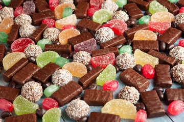 Assortment of delicious chocolate candies background. Chocolate candy isolated 