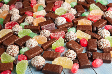 Assortment of delicious chocolate candies background. Chocolate candy isolated 
