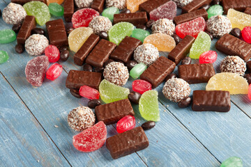 Assortment of delicious chocolate candies background. Chocolate candy isolated 
