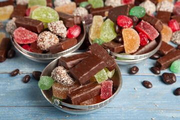 Assortment of delicious chocolate candies background. Chocolate candy isolated 