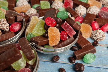 Assortment of delicious chocolate candies background. Chocolate candy isolated 