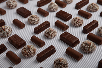 Assortment of delicious chocolate candies background. Chocolate candy isolated 