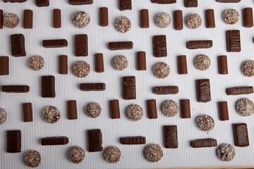 Assortment of delicious chocolate candies background. Chocolate candy isolated 