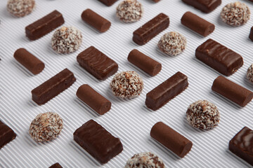 Assortment of delicious chocolate candies background. Chocolate candy isolated 