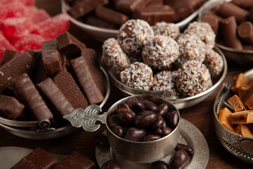 Assortment of delicious chocolate candies background. Chocolate candy isolated 