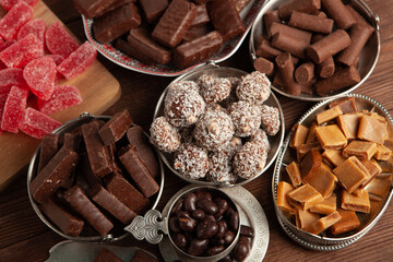 Assortment of delicious chocolate candies background. Chocolate candy isolated 