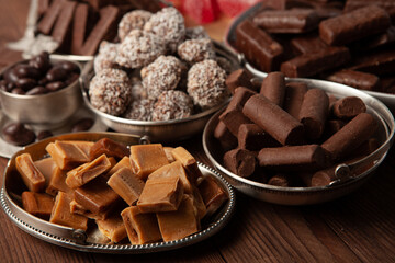 Assortment of delicious chocolate candies background. Chocolate candy isolated 