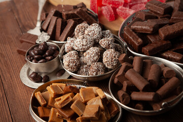 Assortment of delicious chocolate candies background. Chocolate candy isolated 