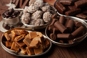 Assortment of delicious chocolate candies background. Chocolate candy isolated 