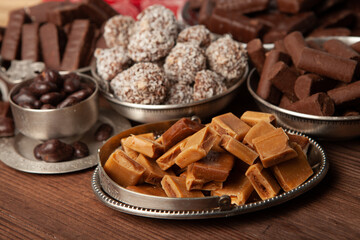 Assortment of delicious chocolate candies background. Chocolate candy isolated 