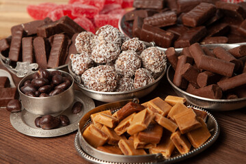 Assortment of delicious chocolate candies background. Chocolate candy isolated 