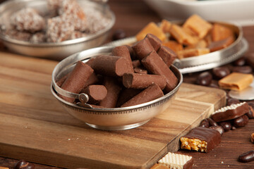 Assortment of delicious chocolate candies background. Chocolate candy isolated 