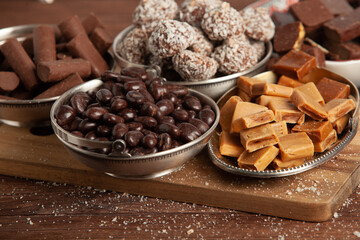 Assortment of delicious chocolate candies background. Chocolate candy isolated 