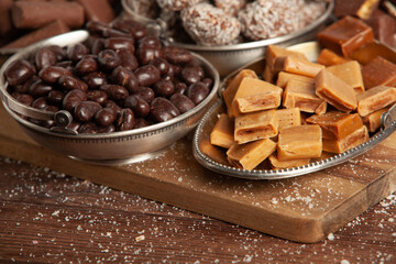 Assortment of delicious chocolate candies background. Chocolate candy isolated 