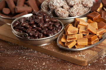 Assortment of delicious chocolate candies background. Chocolate candy isolated 