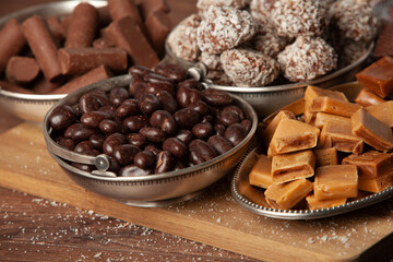 Assortment of delicious chocolate candies background. Chocolate candy isolated 