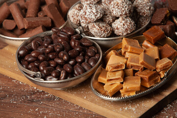 Assortment of delicious chocolate candies background. Chocolate candy isolated 