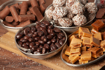 Assortment of delicious chocolate candies background. Chocolate candy isolated 