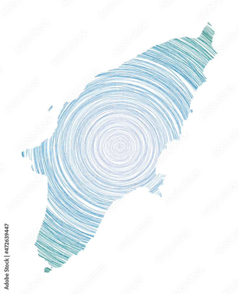 Poster rhodes map filled with concentric circles. sketch style circles in shape of the island. vector illus