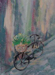 Painting on canvas. Bicycle with a bouquet of flowers near the wall