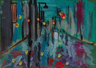 Rainy night street city lights reflected in the puddles. Painting on canvas