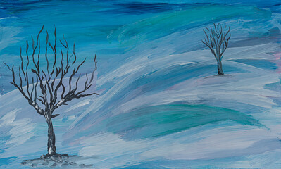 Acrylic painting winter snowy hills and trees. Handmade postcard design with copy space 