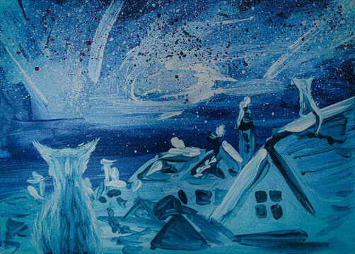 Cats on the roofs of the night town. Fantastic starry night. Acrylic painting on canvas