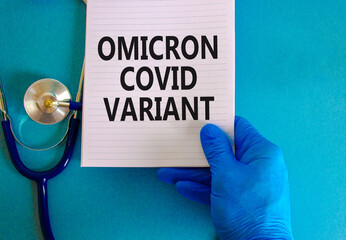 New covid-19 omicron variant strain symbol. Hand in blue glove with white note. Concept words...