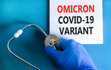 New covid-19 omicron variant strain symbol. Hand in blue glove with white note. Concept words...