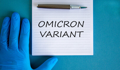 New covid-19 omicron variant strain symbol. Hand in blue glove with white note. Concept words...