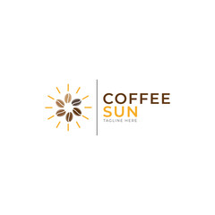 Coffee logo. Image of coffee cup, view of coffee field and sun.