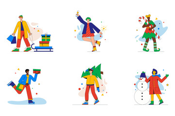 Fototapeta na wymiar Christmas celebration set of mini concept or icons. People buy and give gifts, drink champagne, dress up in elf costume, make snowman, modern person scene. Vector illustration in flat design for web