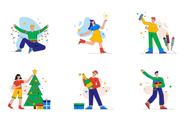 Fototapeta na wymiar Christmas celebration set of mini concept or icons. People decorate tree with toys, light sparklers and fireworks, drink and give gift, modern person scene. Vector illustration in flat design for web