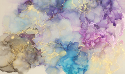 Art Abstract blue, violet and gold glitter color horizontal background. Marble texture. Alcohol ink.