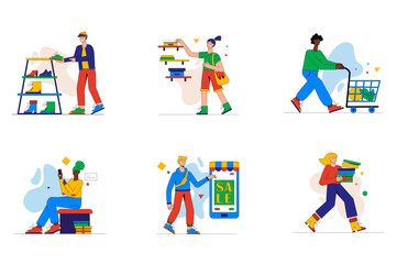Fototapeta na wymiar Shopping time set of mini concept or icons. People choose shoes and goods in store or supermarket, making purchases online, buy at sale, modern person scene. Vector illustration in flat design for web