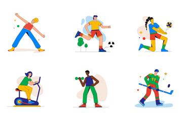 Fototapeta na wymiar Sport and fitness set of mini concept or icons. People exercise, do yoga, exercise with dumbbells, play football, volleyball or hockey, modern person scene. Vector illustration in flat design for web