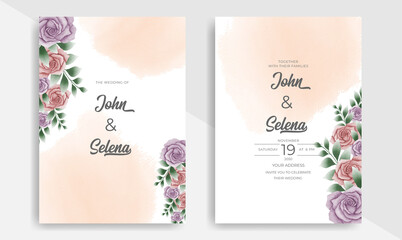 Fototapeta na wymiar Beautiful hand drawn watercolor floral wedding invitation card template