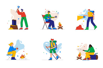 Fototapeta na wymiar Camping and hiking set of mini concept or icons. People relaxing, sing and drink by fire, fries marshmallows, tourists follow route, modern person scene. Vector illustration in flat design for web