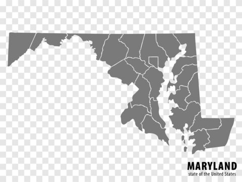 State Maryland map on transparent background. Blank map of  Maryland with  regions in gray for your web site design, logo, app, UI. USA. EPS10.