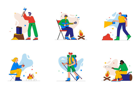 Camping and hiking set of mini concept or icons. People relaxing, sing and drink by fire, fries marshmallows, tourists follow route, modern person scene. Vector illustration in flat design for web