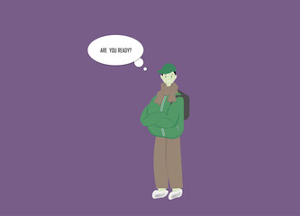 Vector guy programmer. A man with a backpack, laptop, text, Are you ready, programmer, IT.